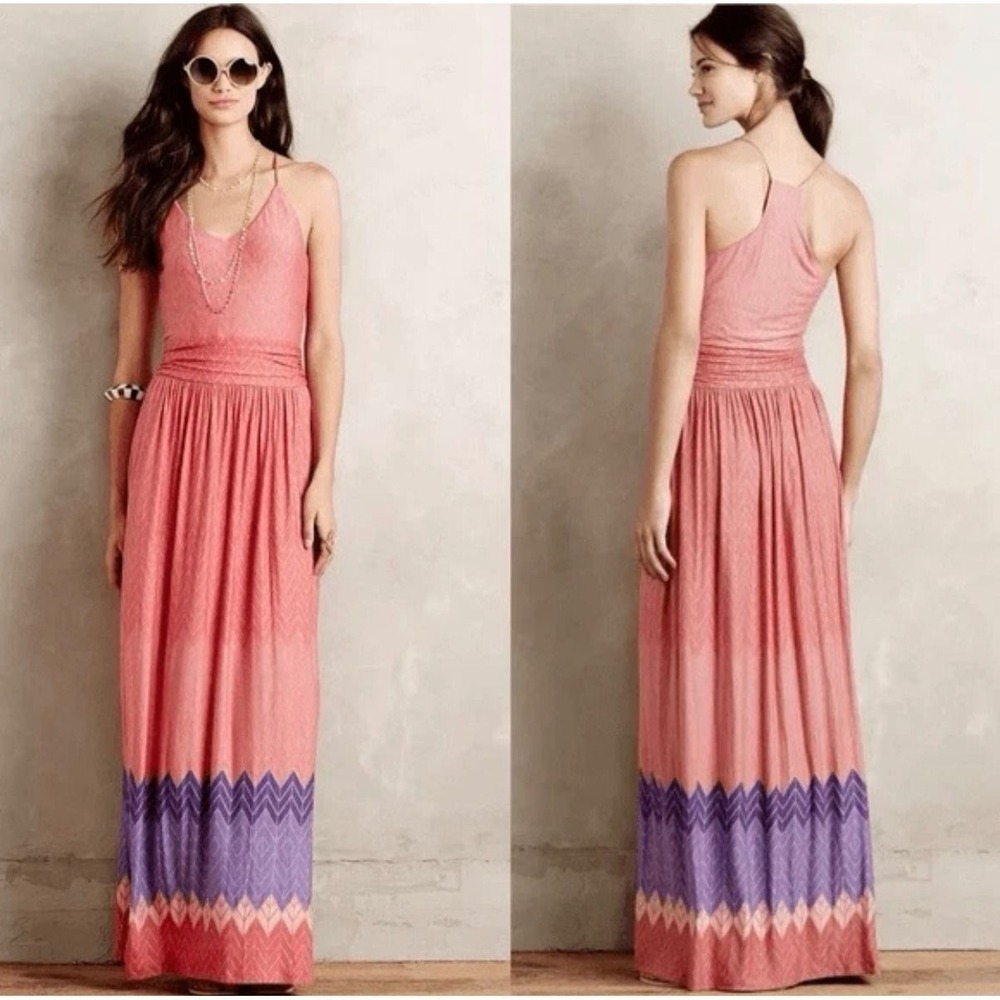 M 90 Anthropologie Nomad by Morgan Carper Border Print Maxi Dress Boho Resort - Picture 1 of 1